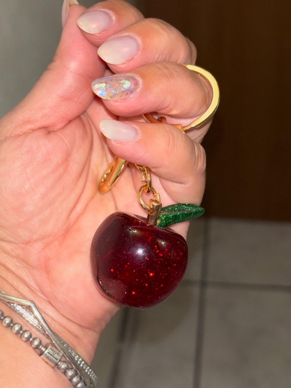 Gold-Tone Red Glitter Apple Charm Keyring